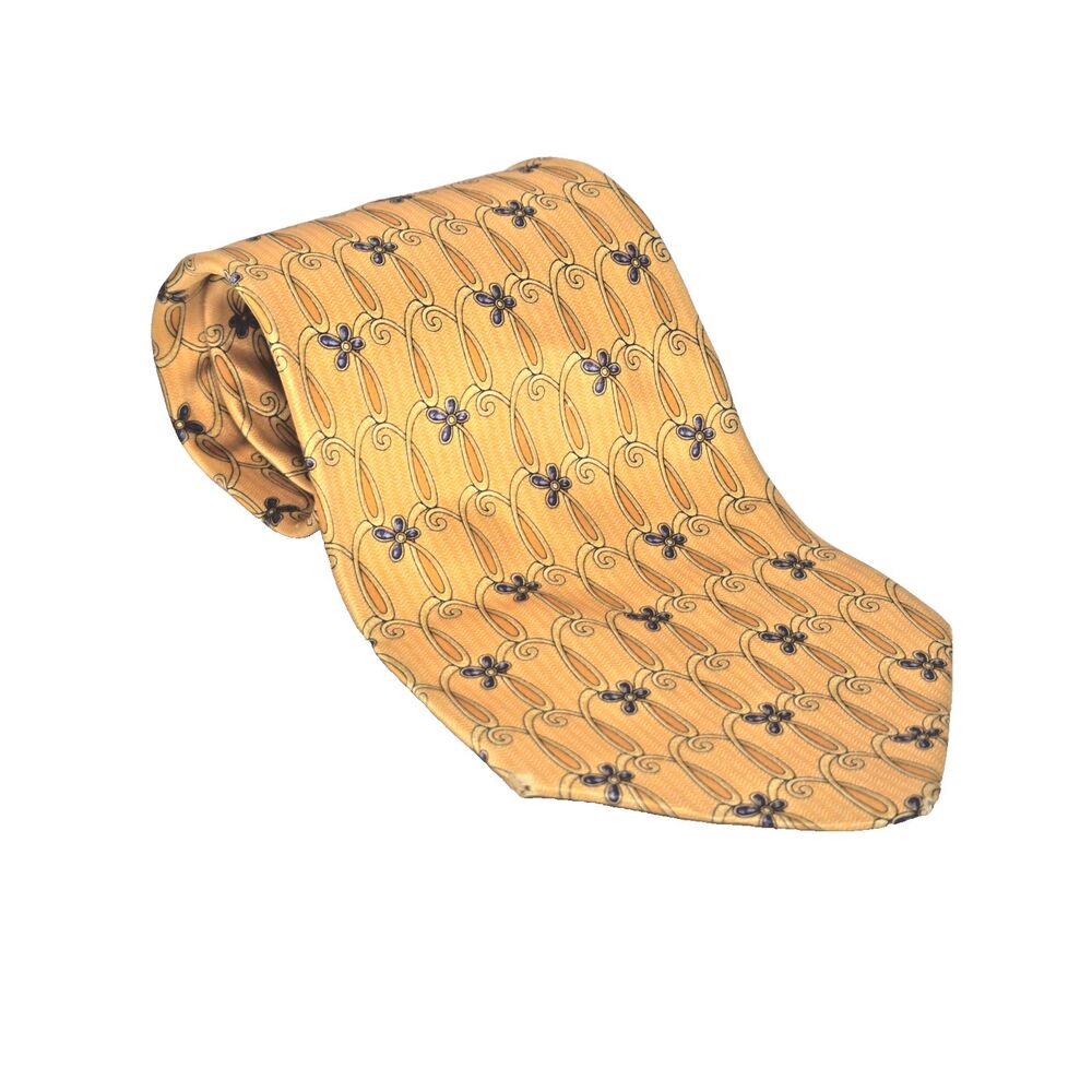 Faberge 100% Silk Tie D No. 086 Handmade in USA‎ Gold & Orange with Blue Flowers